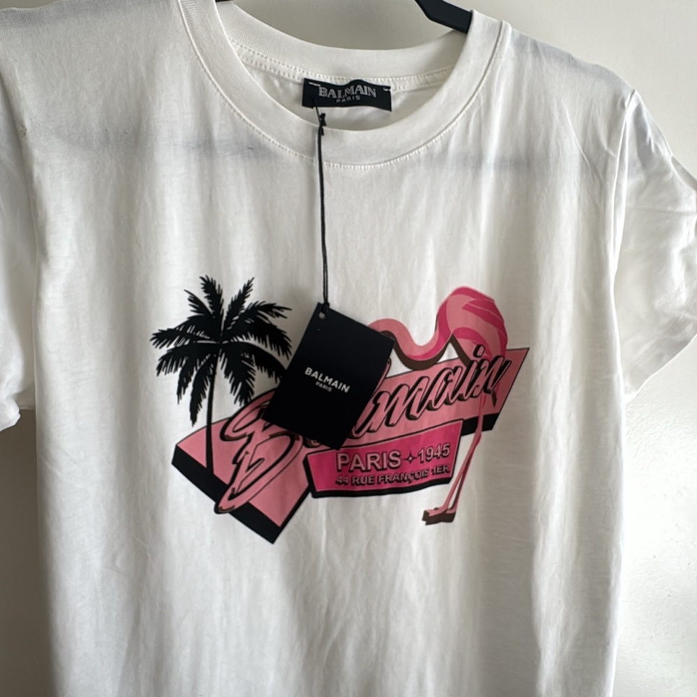 Balmain White and Pink Graphic Tee